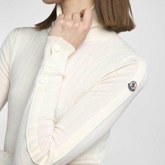 Moncler Tops - Moncler Ivory Ribbed Mock Neck Sweater with Sleeve Logo